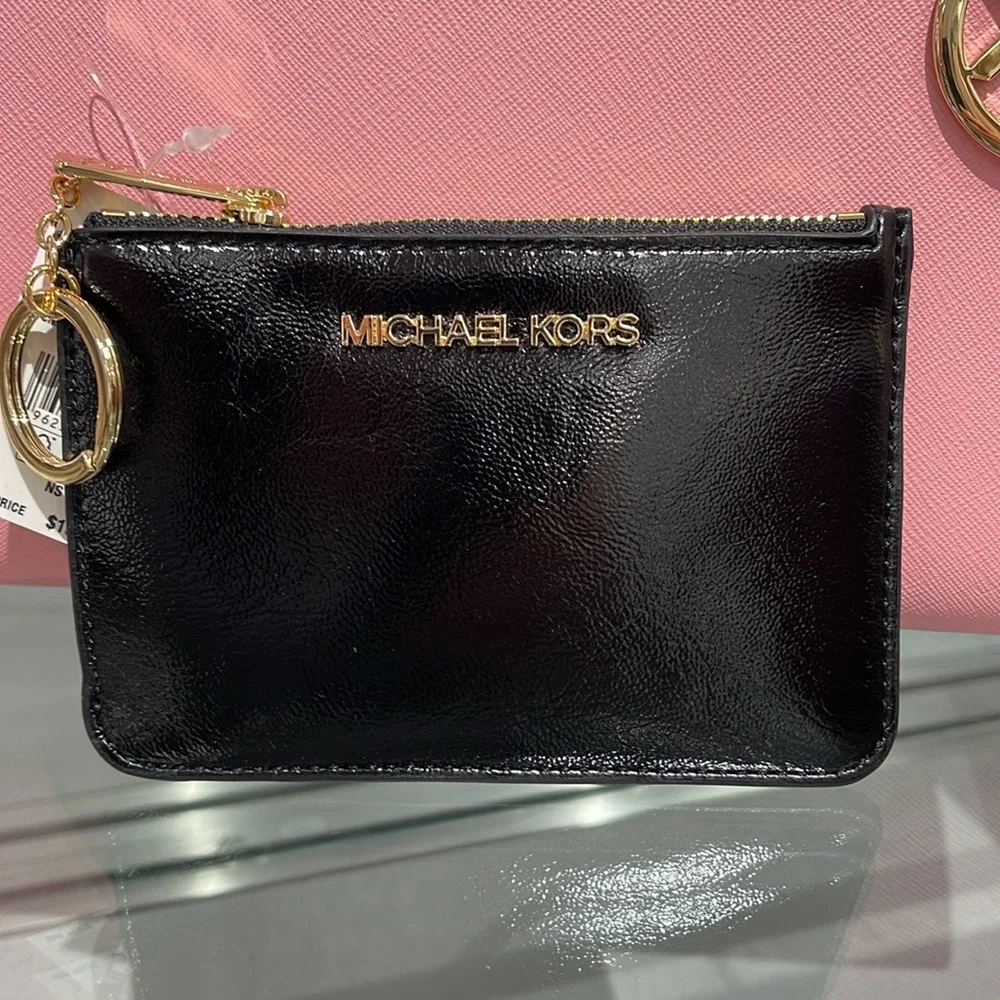 MICHAEL KORS Jet Set Travel Small Top Zip Coin Pouch With ID Keychain  Black NWT